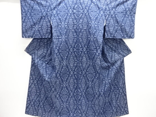 斜め格子に更紗模様織出し手織り紬着物